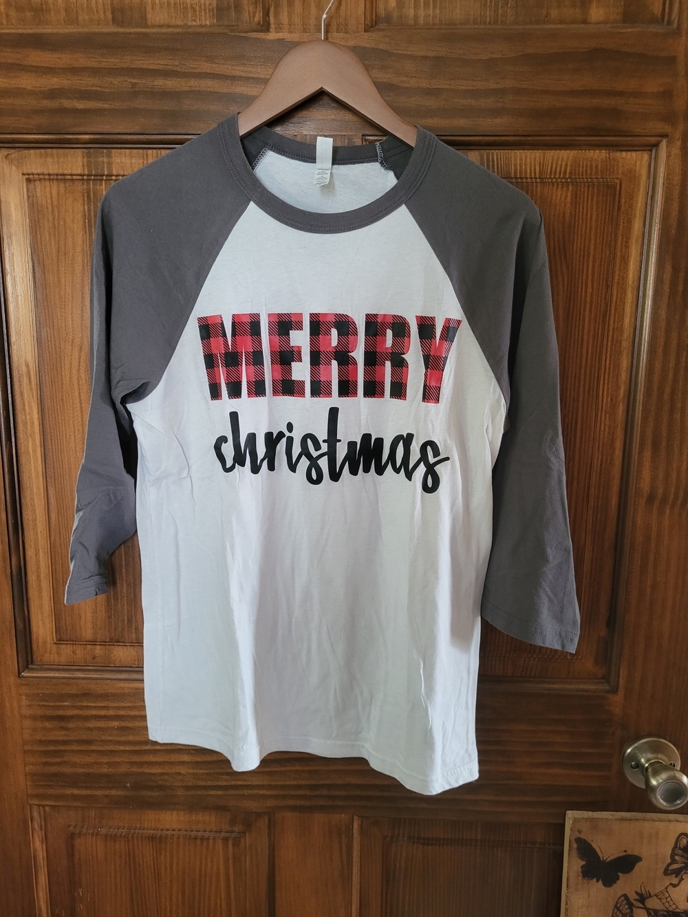 Bella Canvas White and Gray Raglan "Merry Christmas" Buffalo Plaid Tee